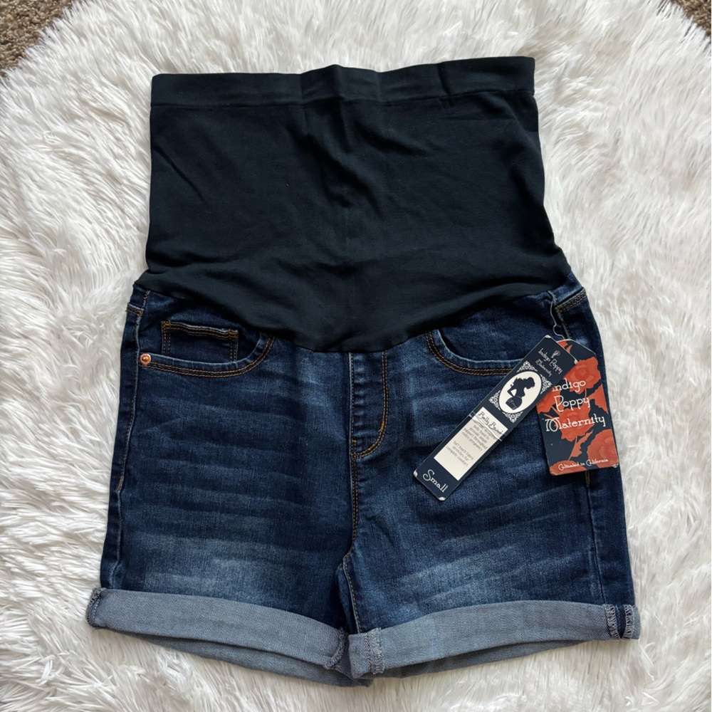 Indigo Poppy Maternity Jean Shorts New Stretch Dark Blue Womens Size Small‎
